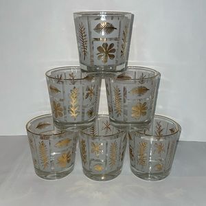 Set Of 6 MCM Glass Tumblers 8oz Gold Leaves Trim Vintage Barware Cocktail